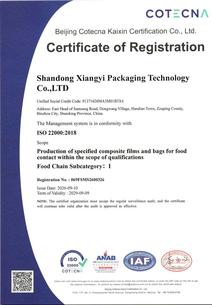 Certificado ISO 22000:2018, registro n.º 069FSMS2600326, válido hasta 2029-09-09
